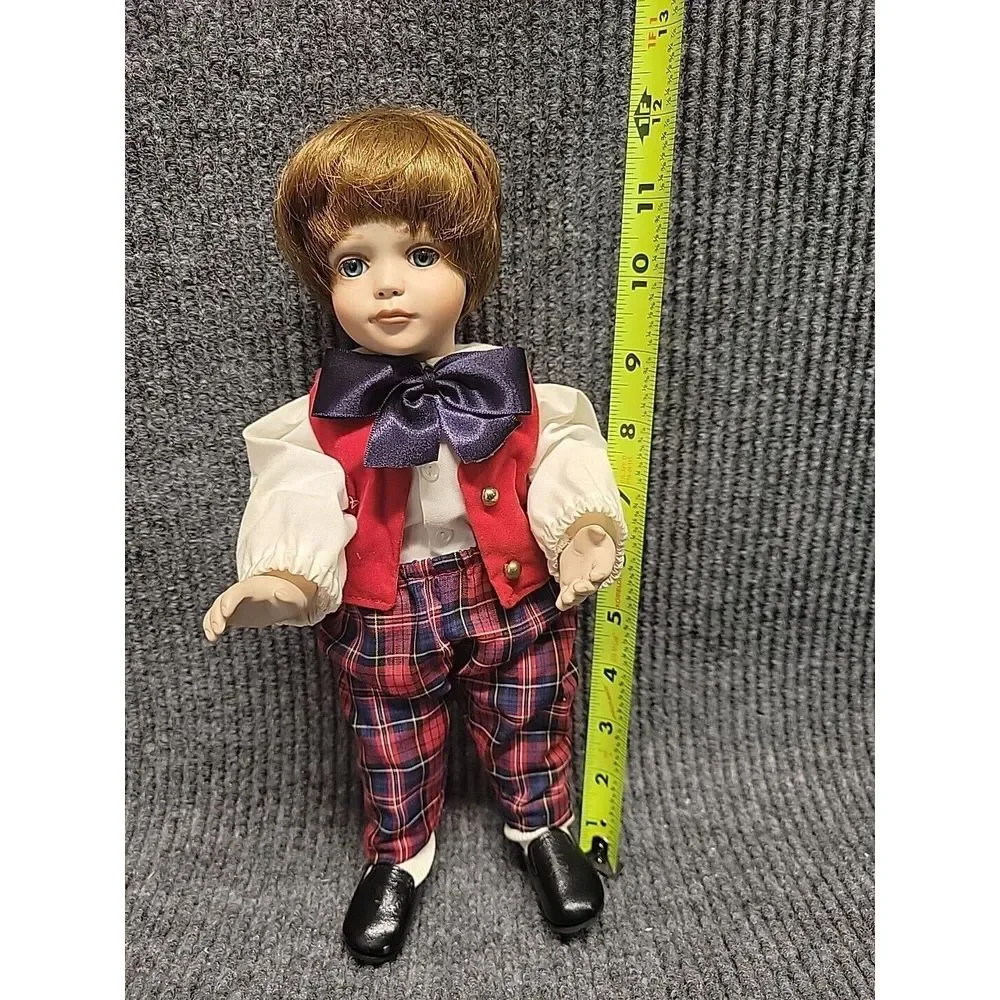 Vintage Musical Porcelain Boy Doll Red Velvet Vest Plaid Pants Blue Eyes 12 Inch